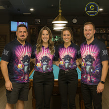 Load image into Gallery viewer, Pool team wearing matching pink graffiti cat 9 ball billiard jerseys during tournament competition front view.