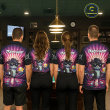 Load image into Gallery viewer, Back view of pool players wearing matching pink graffiti cat billiard shirts in a game room.