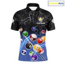 Load image into Gallery viewer, Blue grim reaper lightning 9 ball billiard polo shirt for men with custom pool team graphics.