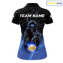 Load image into Gallery viewer, Blue grim reaper lightning 9 ball billiard polo shirt for women with custom pool team graphics.