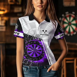 Personalized Purple Break Glass Dartboard Fire Polo, 1/4 Zip Custom Dart Shirts For Women Dart Jersey TDM3774