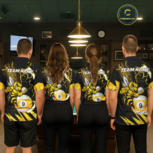 Load image into Gallery viewer, Back view of pool players wearing matching yellow black funny bee thunder lightning 9 ball billiard team shirts and custom pool jerseys.
