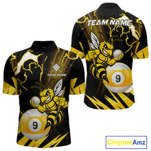 Load image into Gallery viewer, Yellow black funny bee thunder lightning 9 ball quarter zip billiard shirt for men, custom pool team jersey and tournament apparel.