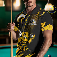 Load image into Gallery viewer, Man wearing a yellow black funny bee 8 ball and 9 ball custom billiard jersey front view, personalized pool team shirt.