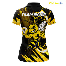 Load image into Gallery viewer, Yellow black funny bee 8 ball and 9 ball pool team polo shirt with custom billiard graphics, personalized billiard team jersey.