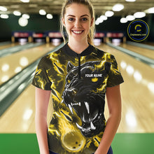 Load image into Gallery viewer, Woman wearing a yellow flame panther quarter zip bowling shirt front view, personalized bowling team apparel.