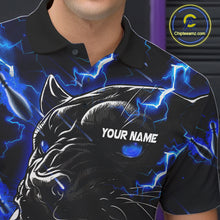 Load image into Gallery viewer, Close up of collar, chest and button details on a blue flame panther men's bowling polo shirt.