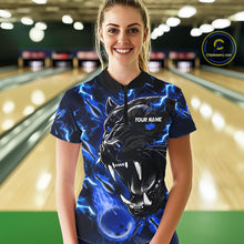 Load image into Gallery viewer, Woman wearing a blue flame panther quarter zip bowling shirt front view, personalized bowling team apparel.