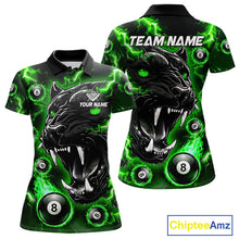 Load image into Gallery viewer, Green flaming panther 8 ball pool team polo shirt with custom billiard graphics, personalized billiard team jersey.