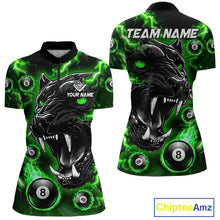 Load image into Gallery viewer, Green flaming panther 8 ball quarter zip billiard shirt for men, custom pool team jersey and tournament apparel.