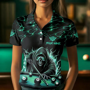 Turquoise Funny Death Skeleton Roses 8 Ball Pool Women Billiard Shirts Custom Thunder Billiard Jersey TDM3630