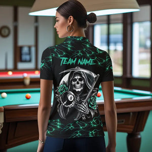 Turquoise Funny Death Skeleton Roses 8 Ball Pool Women Billiard Shirts Custom Thunder Billiard Jersey TDM3630