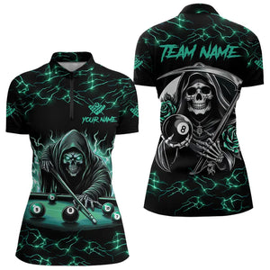 Turquoise Funny Death Skeleton Roses 8 Ball Pool Women Billiard Shirts Custom Thunder Billiard Jersey TDM3630