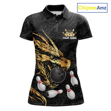 Load image into Gallery viewer, Black And Gold Custom Dragon Bowling Shirt For Women, Bowling Team Jersey Polo &amp; Quarter Zip TDM6165