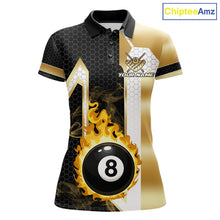 Load image into Gallery viewer, Gold flame 8 ball custom billiard polo shirt for women, personalized pool team jersey for tournaments.