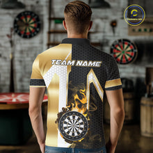 Load image into Gallery viewer, Back view of man wearing a black and gold dartboard flame darts team jersey, custom darts tournament apparel.