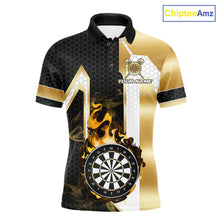 Load image into Gallery viewer, Black and gold dartboard flame custom darts polo shirt for men, personalized darts team jersey for league tournaments.