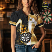 Load image into Gallery viewer, Woman wearing a black and gold dartboard flame darts jersey front view, personalized darts team shirt.