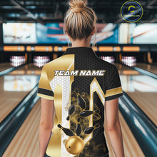 Load image into Gallery viewer, Back view of woman wearing a black and gold smoke bowling pin bowling polo shirt, custom bowling team jersey design.