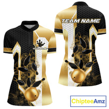 Load image into Gallery viewer, Black and gold smoke bowling pin quarter zip bowling shirt for women, custom bowling team jersey and tournament apparel.