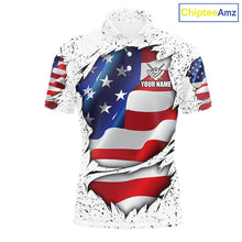 Load image into Gallery viewer, White grunge American flag 8 ball custom billiard polo shirt for men, personalized pool team jersey for tournaments.
