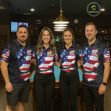 Load image into Gallery viewer, Pool team wearing matching black grunge American flag 8 ball custom billiard jerseys during tournament competition front view.