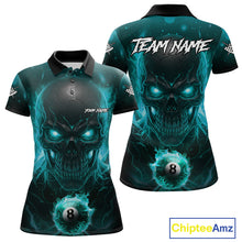Load image into Gallery viewer, Personalized Turquoise Billiard Skull Fire 8 Ball Pool Shirt For Women Custom Billiard Team Jersey TDM5080