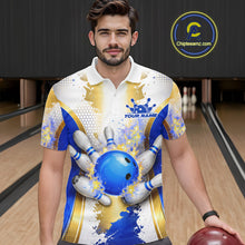 Load image into Gallery viewer, Bowling Ball Splatter Custom White, Blue &amp; Gold Men's Bowling Shirt, Bowling Jersey Polo &amp; 1/4 Zip TDM6178