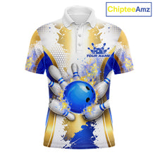 Load image into Gallery viewer, Bowling Ball Splatter Custom White, Blue &amp; Gold Men's Bowling Shirt, Bowling Jersey Polo &amp; 1/4 Zip TDM6178