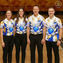 Load image into Gallery viewer, Bowling Ball Splatter Custom White, Blue &amp; Gold Women's Bowling Shirt, Bowling Jersey Polo &amp; 1/4 Zip TDM6178