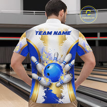 Load image into Gallery viewer, Bowling Ball Splatter Custom White, Blue &amp; Gold Men's Bowling Shirt, Bowling Jersey Polo &amp; 1/4 Zip TDM6178