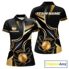 Load image into Gallery viewer, Black and gold bowling ball bowling team polo shirt for women with custom league graphics.