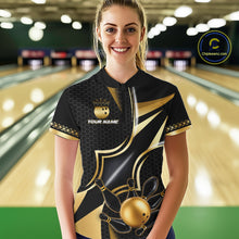 Load image into Gallery viewer, Woman wearing a black and gold bowling ball quarter zip bowling shirt front view, personalized bowling team apparel.