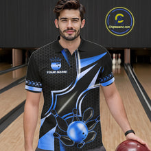 Load image into Gallery viewer, Man wearing a black and blue bowling ball bowling polo shirt front view, custom bowling league jersey for men.