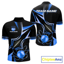 Load image into Gallery viewer, Black and blue bowling ball quarter zip bowling shirt for men, custom bowling team jersey and tournament apparel.
