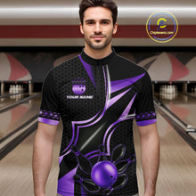 Load image into Gallery viewer, Man wearing a black and purple quarter zip bowling shirt front view, personalized bowling team apparel.