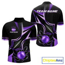 Load image into Gallery viewer, Black and purple quarter zip bowling shirt for men, custom bowling team jersey and tournament apparel.