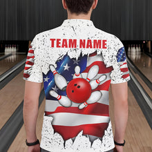 Load image into Gallery viewer, Back view of man wearing a white grunge American flag bowling polo shirt, custom bowling team jersey design.