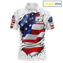 Load image into Gallery viewer, White grunge American flag custom bowling polo shirt for men, patriotic bowling team jersey for league tournaments.