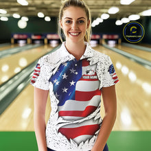 Load image into Gallery viewer, Woman wearing a white grunge American flag bowling polo shirt front view, custom bowling league jersey for women.