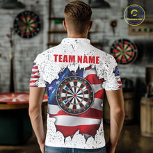 Load image into Gallery viewer, Back view of man wearing a white grunge American flag darts team jersey, custom darts tournament apparel.