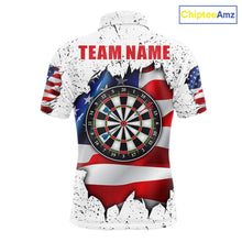 Load image into Gallery viewer, White grunge American flag darts team polo shirt for men with distressed USA flag graphics.