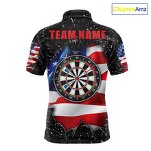 Load image into Gallery viewer, Black grunge American flag darts team polo shirt for men with distressed USA flag graphics.