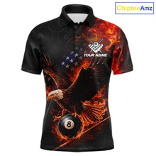 Load image into Gallery viewer, Flaming US Flag Eagle 8 Ball Billiard Shirt For Men Custom Patriotic Pool Jersey Polo &amp; 1/4 Zip TDM6411