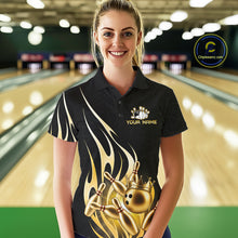Load image into Gallery viewer, Woman wearing a black and gold bowling ball crown bowling polo shirt front view.