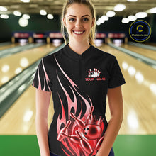 Load image into Gallery viewer, Woman wearing a black and red bowling ball crown quarter zip bowling shirt front view.
