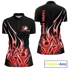 Load image into Gallery viewer, Black and red bowling ball crown quarter zip bowling shirt for women.