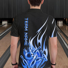 Load image into Gallery viewer, Back view of man wearing a black and blue bowling ball crown bowling polo shirt, custom bowling team jersey design.