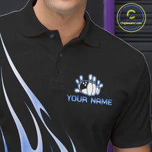 Load image into Gallery viewer, Close up of collar, chest and button details on a black and blue bowling ball crown men's bowling polo shirt.