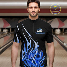 Load image into Gallery viewer, Man wearing a black and blue bowling ball crown quarter zip bowling shirt front view, personalized bowling team apparel.